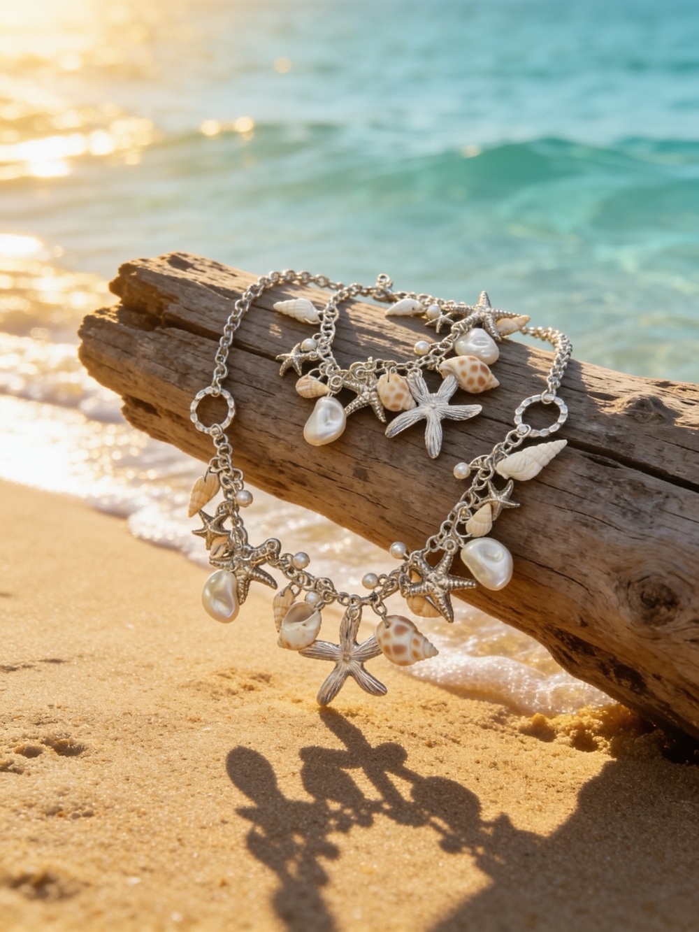 Seashell & Starfish Charm Necklace  & Bracelet Set Beach Jewelry
